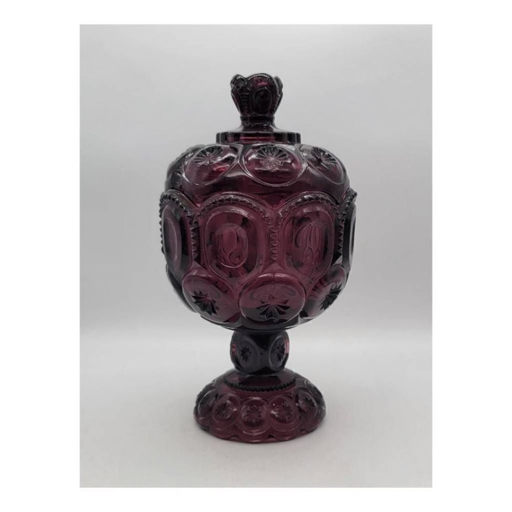 L.E. Smith Moon and Stars Pedestal Compote Candy Dish Amethyst Rare Color